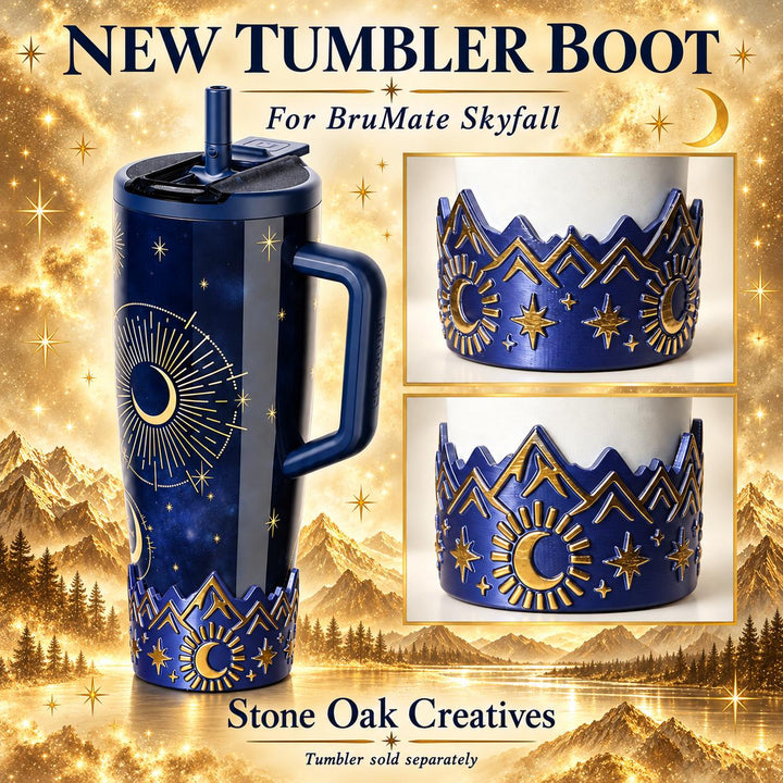 Blue Gold Celestial Tumbler Boot with gold embossed mountains, stars, moon, fits BruMate Era Skyfall