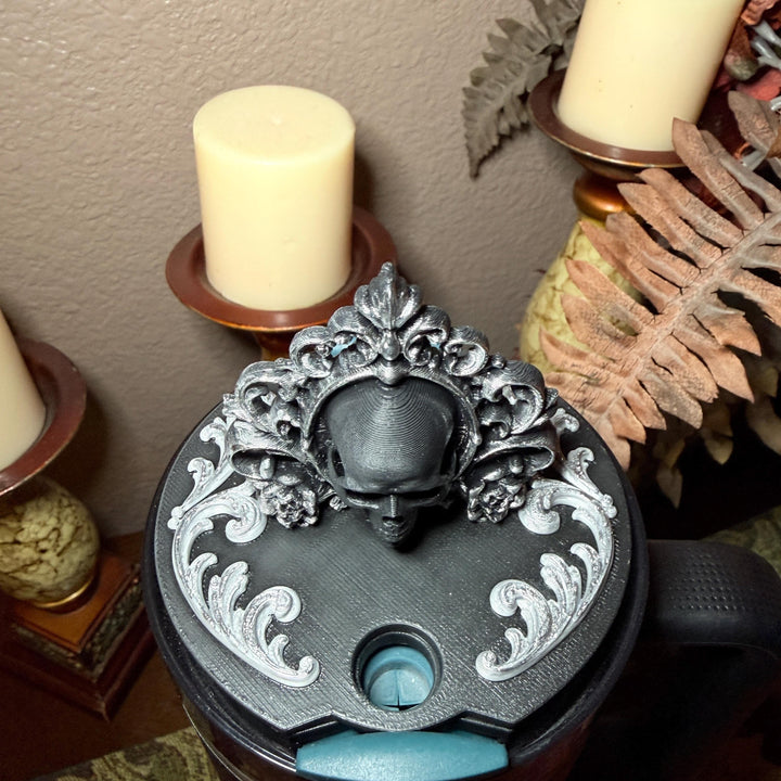 Black Skull Scroll Topper, Black Magic tumbler topper for Stanley 20 30 or 40 oz Tumbler, Halloween accessories, unique gift