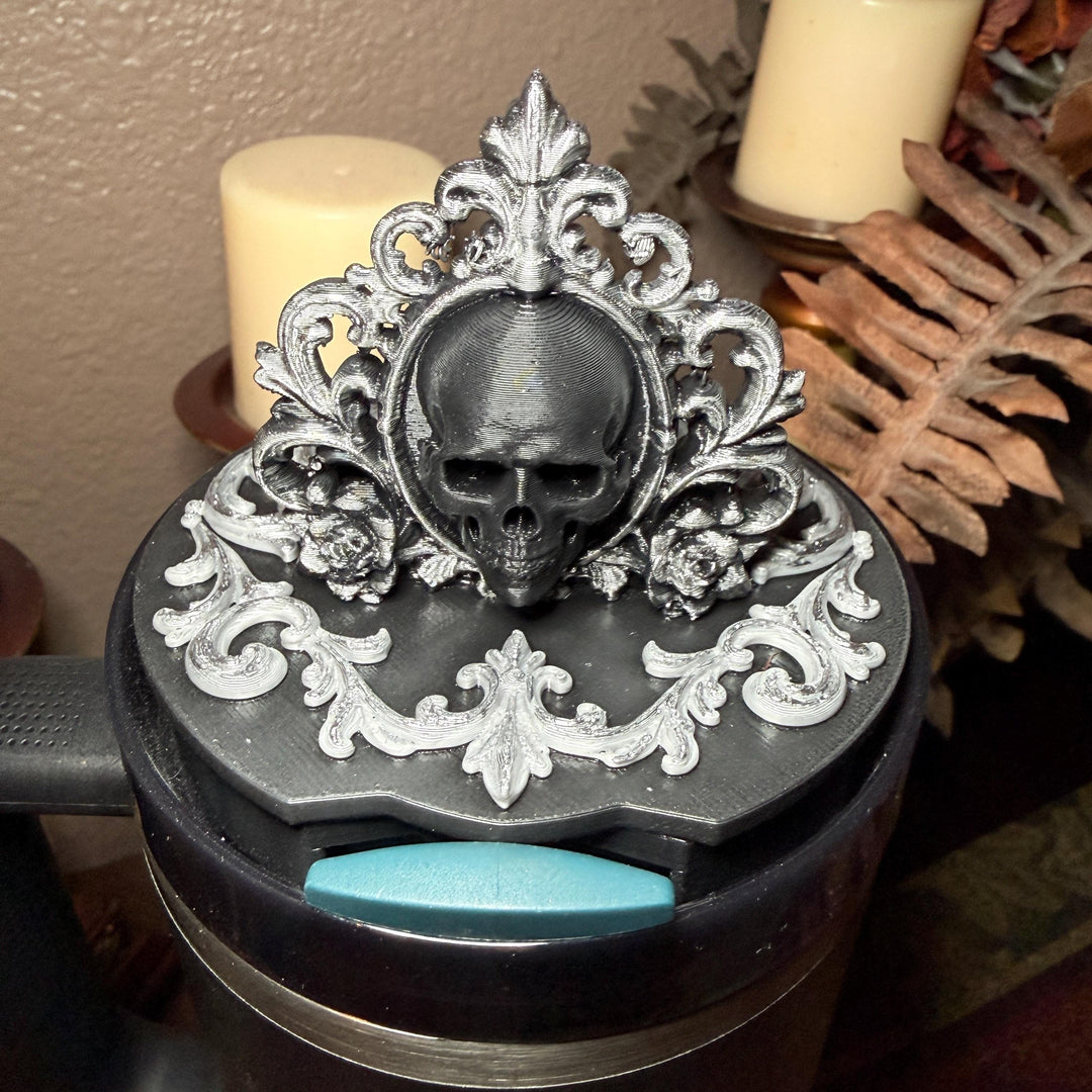 Black Skull Scroll Topper, Black Magic tumbler topper for Stanley 20 30 or 40 oz Tumbler, Halloween accessories, unique gift