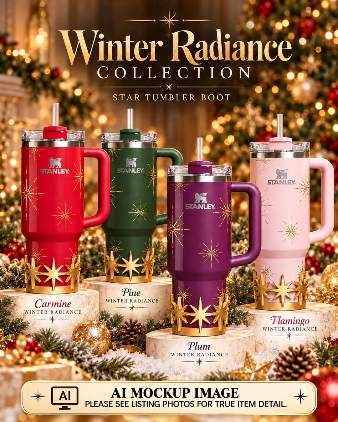 Gold Starburst Tumbler Boot or toppers, star boot sleeve, Stanley Tumbler Accessories, Flamingo Carmine Plum Pine Winter Radiance
