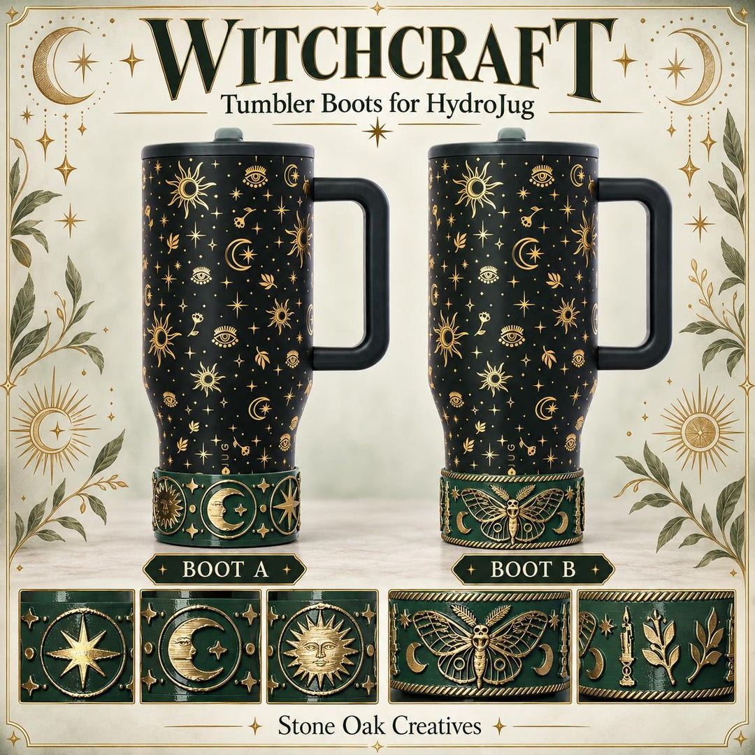 Green Witchcraft Tumbler Boot accessories dark green with gold accents, for HydroJug Tumblers