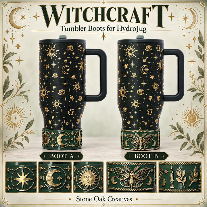 Green Witchcraft Tumbler Boot accessories dark green with gold accents, for HydroJug Tumblers