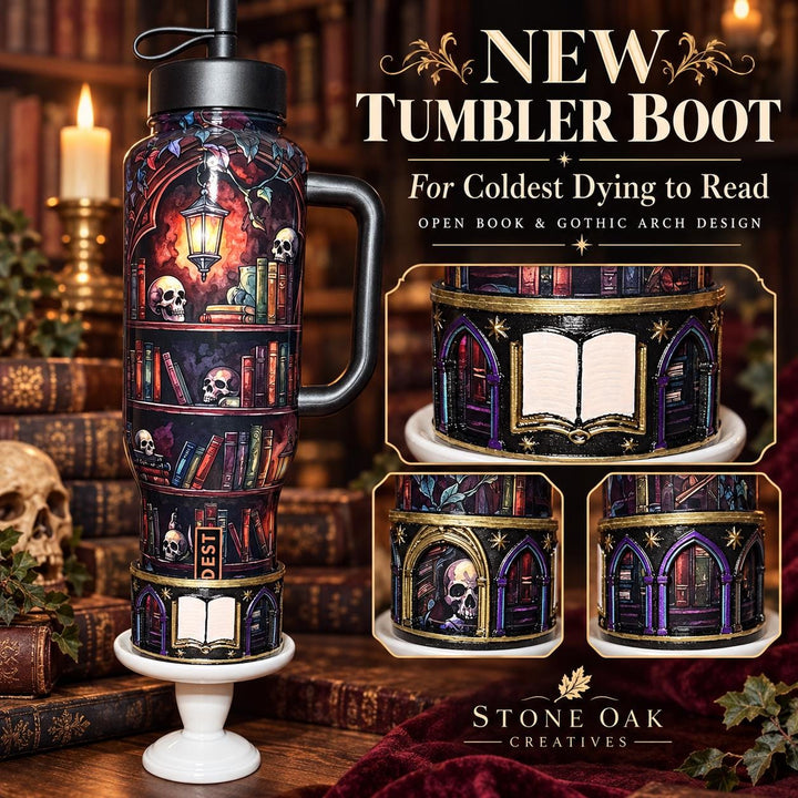 Dying to Read Tumbler Boot | Compatible with Coldest 24 32 36 46 oz | Gothic Skull Books 3D Printed Cup Accessory