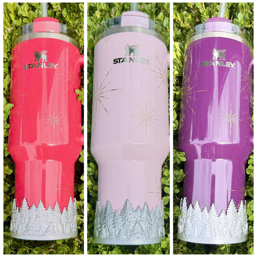 Gold or Silver Christmas Pine Tree Tumbler Boot sleeve, Stanley Tumbler Accessories, Flamingo Carmine Plum Pine Winter Radiance