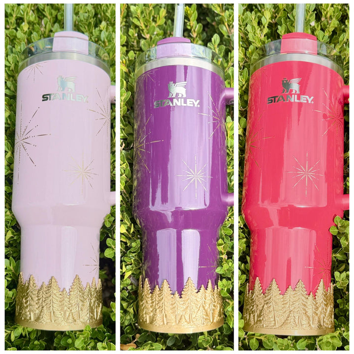 Gold or Silver Christmas Pine Tree Tumbler Boot sleeve, Stanley Tumbler Accessories, Flamingo Carmine Plum Pine Winter Radiance