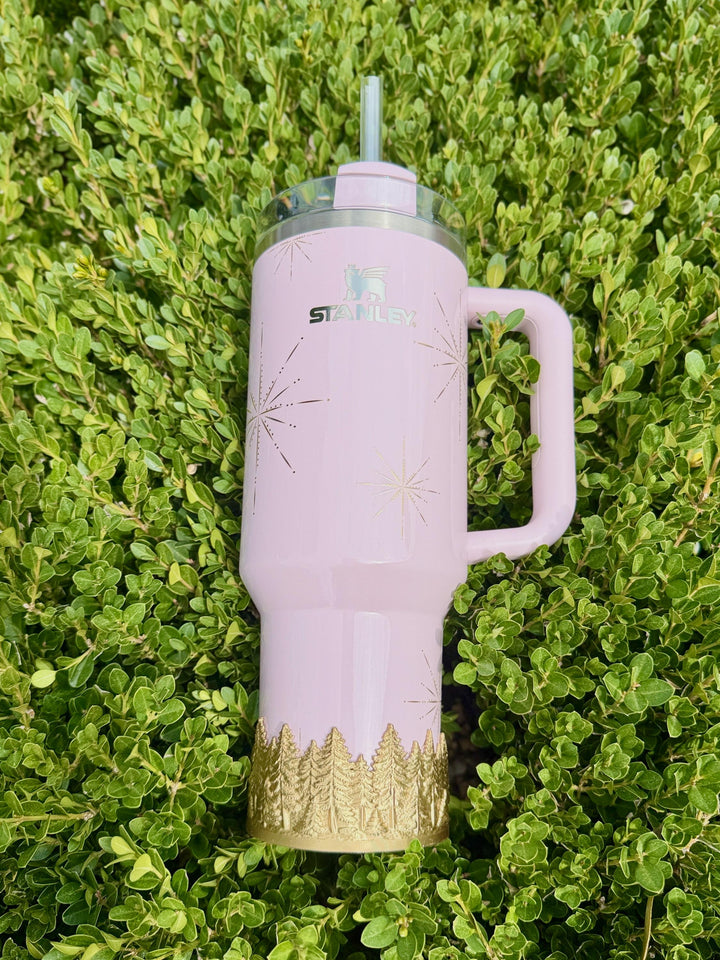 Gold or Silver Christmas Pine Tree Tumbler Boot sleeve, Stanley Tumbler Accessories, Flamingo Carmine Plum Pine Winter Radiance