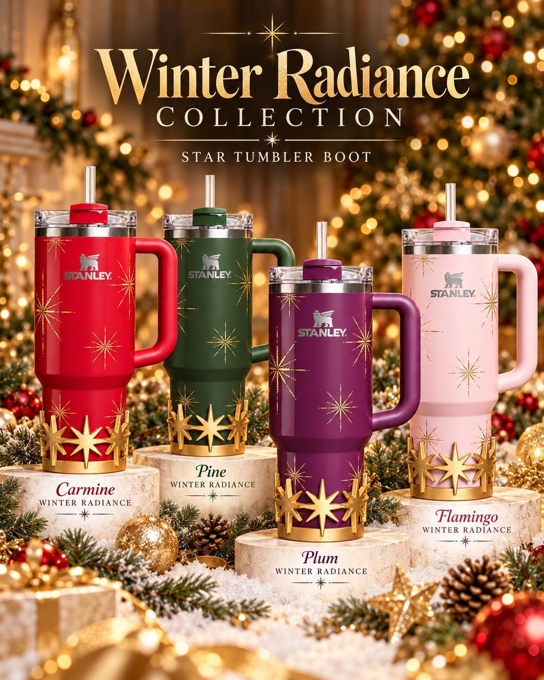 Gold Starburst Tumbler Boot or toppers, star boot sleeve, Stanley Tumbler Accessories, Flamingo Carmine Plum Pine Winter Radiance