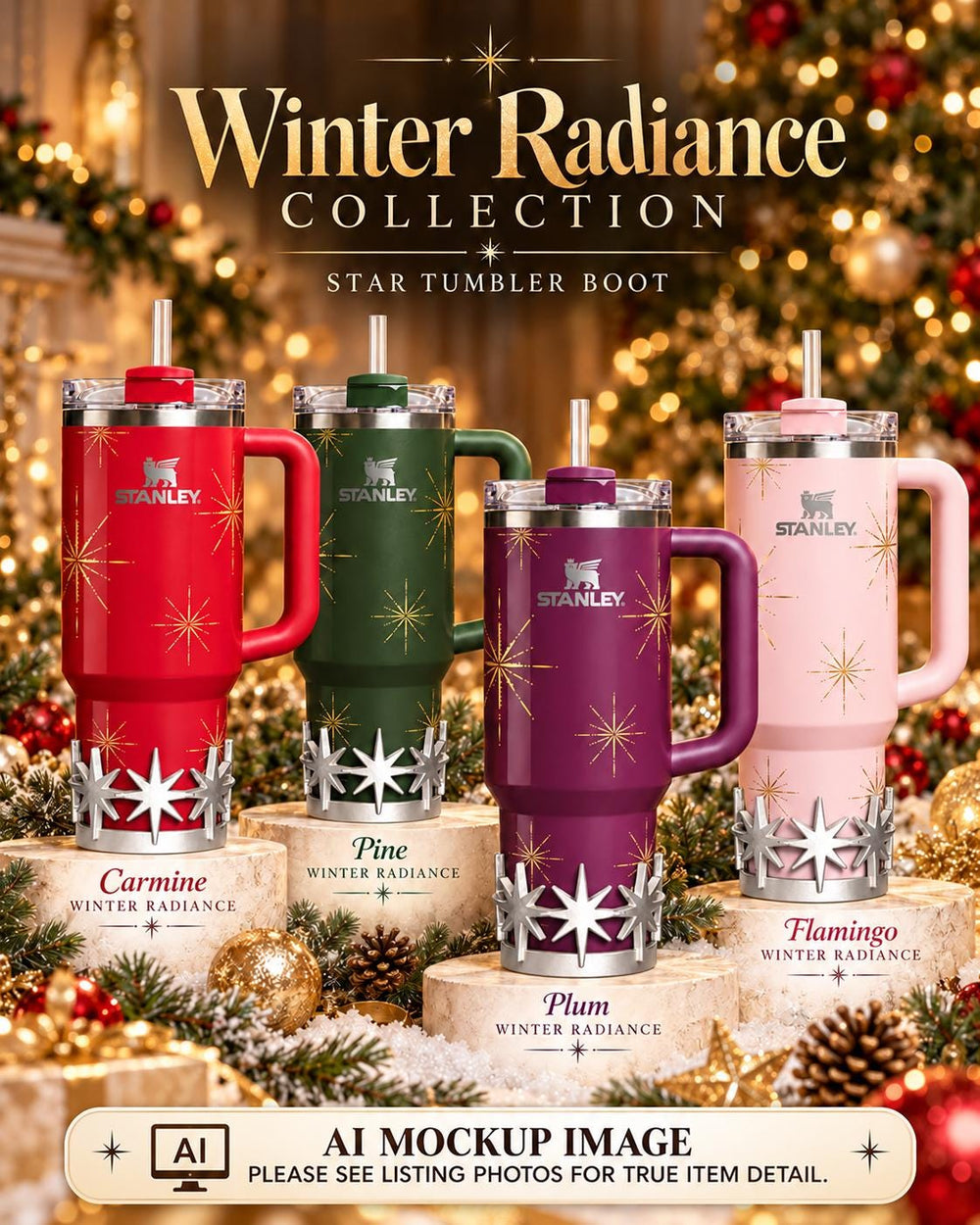 Gold Starburst Tumbler Boot or toppers, star boot sleeve, Stanley Tumbler Accessories, Flamingo Carmine Plum Pine Winter Radiance