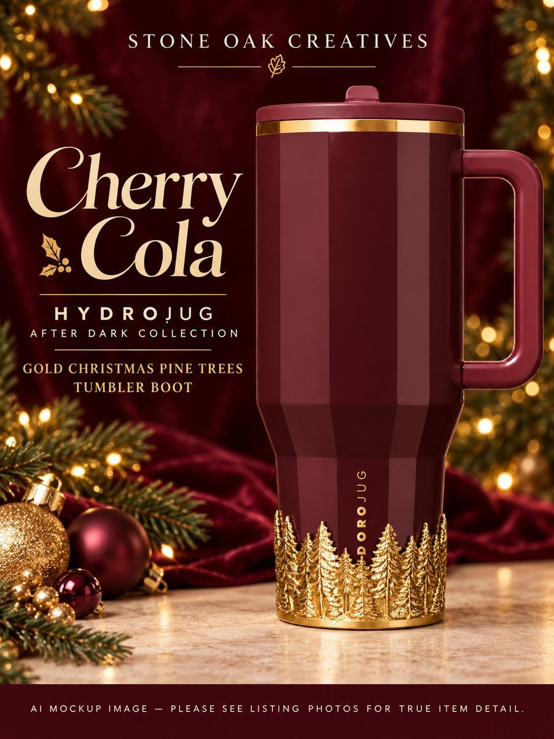 Gold Pine Tree Tumbler Boot, Unique Gift, Hydrojug After Dark Cherry Cola, Christmas tree