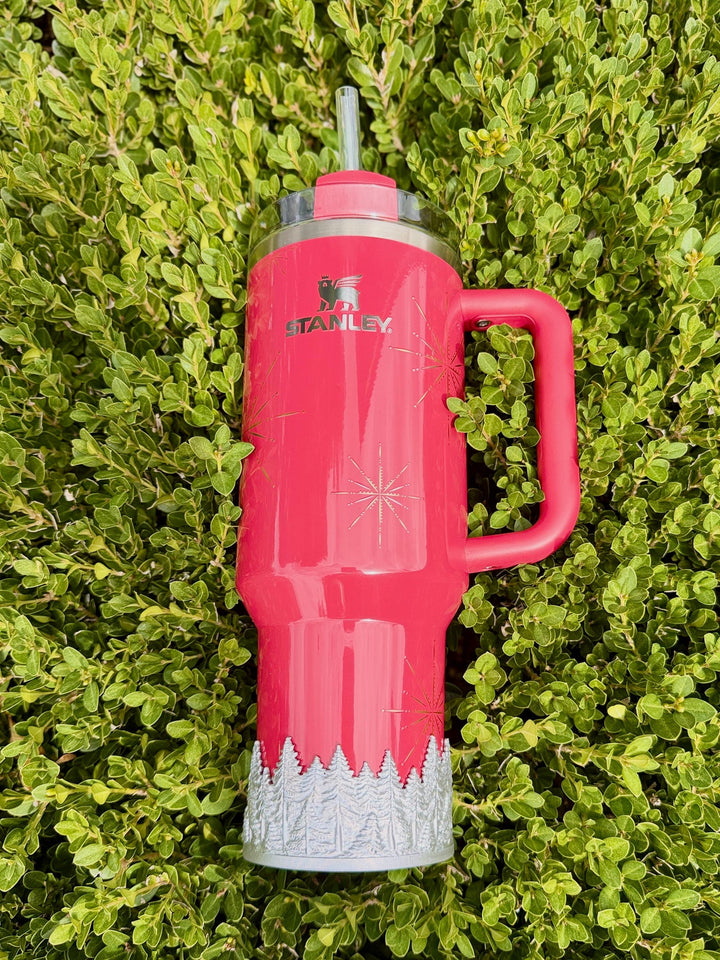 Gold or Silver Christmas Pine Tree Tumbler Boot sleeve, Stanley Tumbler Accessories, Flamingo Carmine Plum Pine Winter Radiance