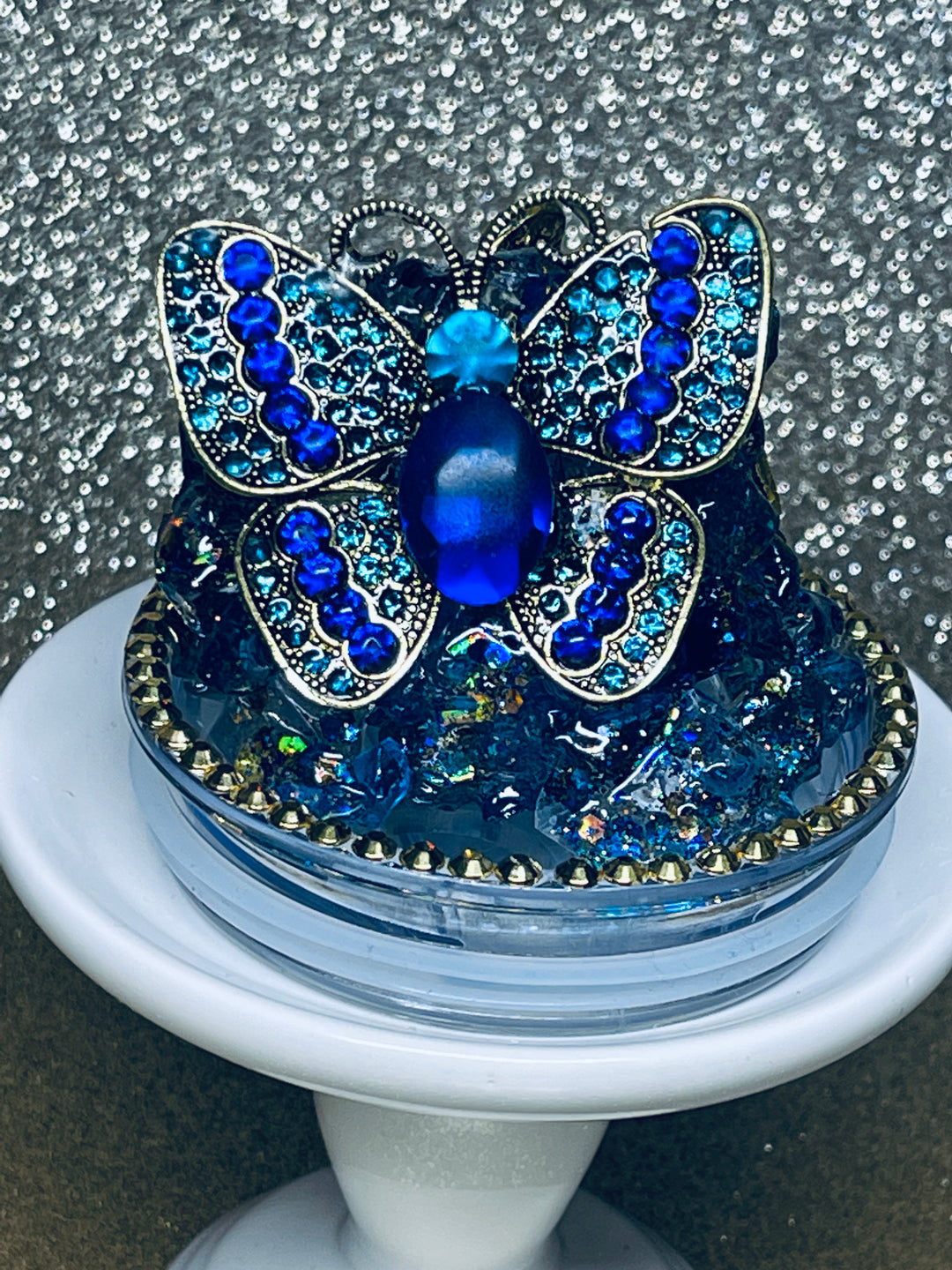 Blue Butterfly Rhinestone Tumbler Topper, Rhinestone Butterfly Lid