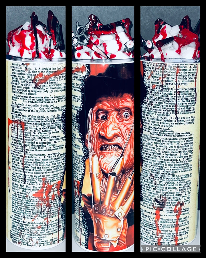 Halloween Horror Freddie Tumbler with Blood Dripping Knives Tumbler Lid, Halloween Horror Slasher Movie CSI Bloody Knives Topper 3D Decorated lid