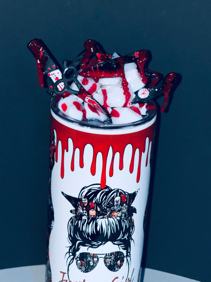 Just a Mom Who Loves Horror Movies Tumbler with Blood Dripping Knives Tumbler Lid Combo, Halloween Horror Slasher Movie CSI Topper 3D Decorated lid