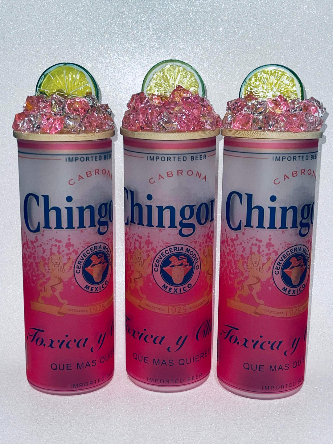 Pink Modelo Chingona Toxica y Chula - 25 oz Frosted Glass Skinny Tumbler