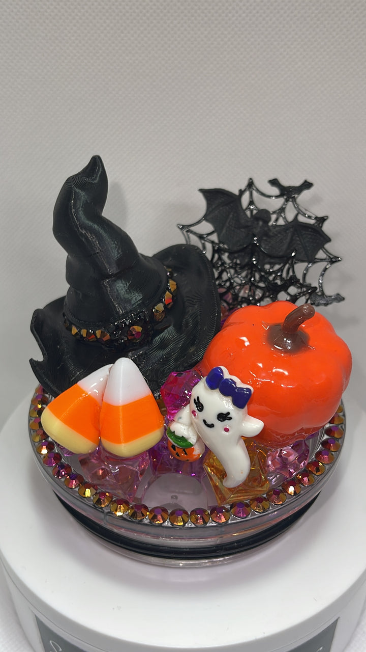 Halloween Themed Tumbler Topper Lid, Witch hat, pumpkin, spider web, bats, candy corn