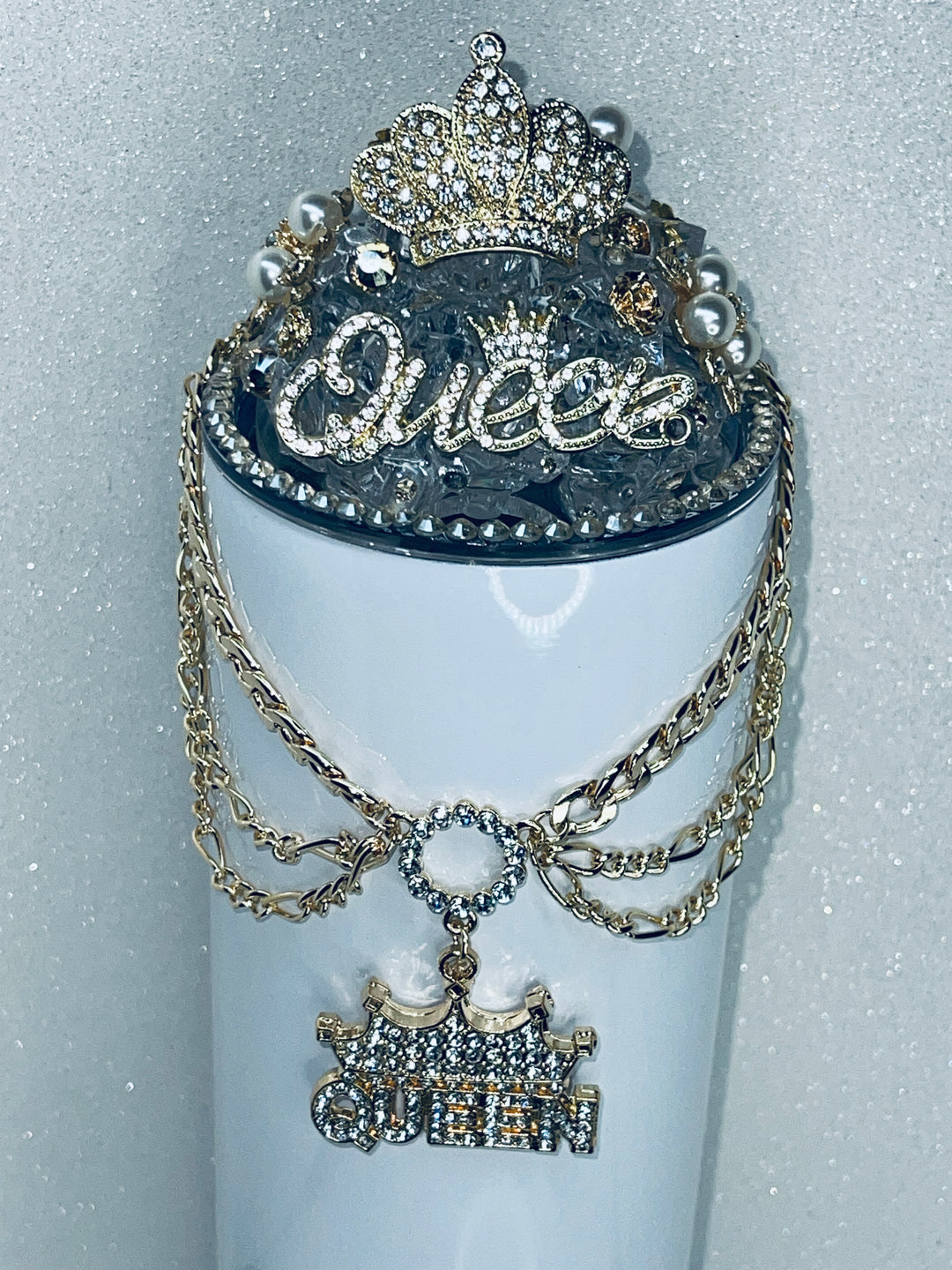 Queen Rhinestone Tumbler Topper with Queen chain added to the lid, Rhinestone Crown Topper, SIP IN STYLE!