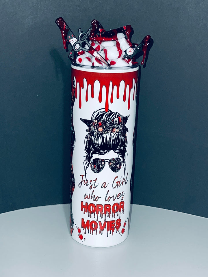 Just a Mom Who Loves Horror Movies Tumbler with Blood Dripping Knives Tumbler Lid Combo, Halloween Horror Slasher Movie CSI Topper 3D Decorated lid