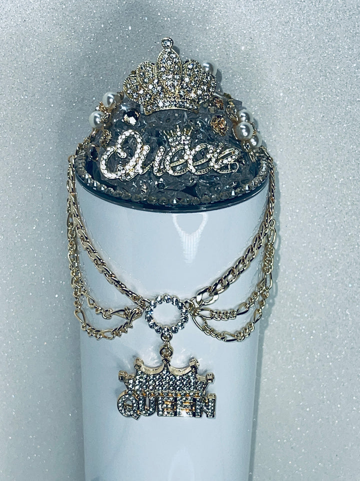 Queen Rhinestone Tumbler Topper with Queen chain added to the lid, Rhinestone Crown Topper, SIP IN STYLE!