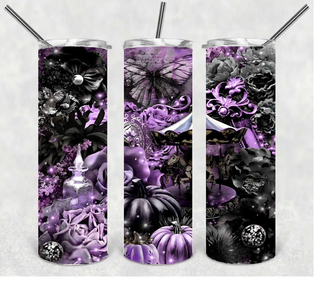 Black and Purple Flower Tumbler, Gother Flower Tumbler, 20 oz