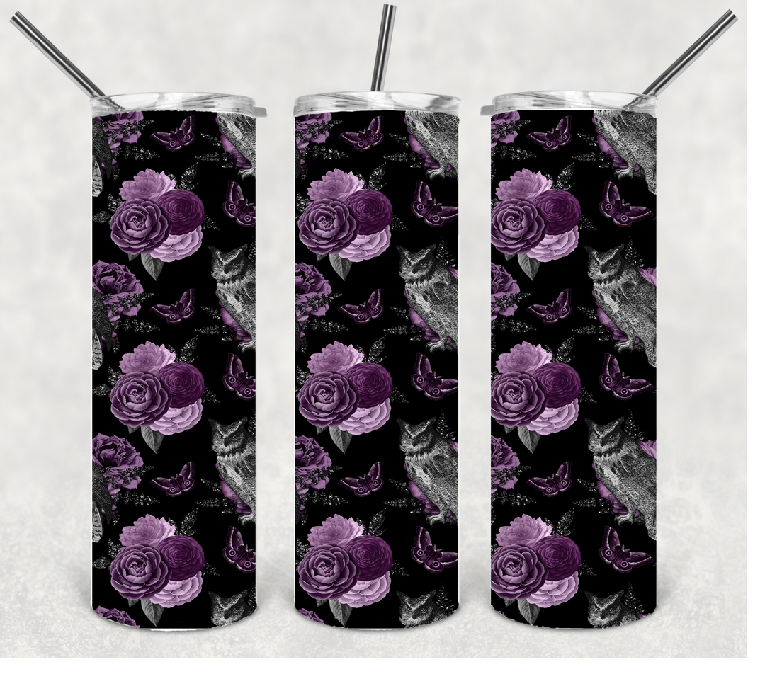 Black and Purple Flower Tumbler, Gothic Flower Tumbler, 20 oz