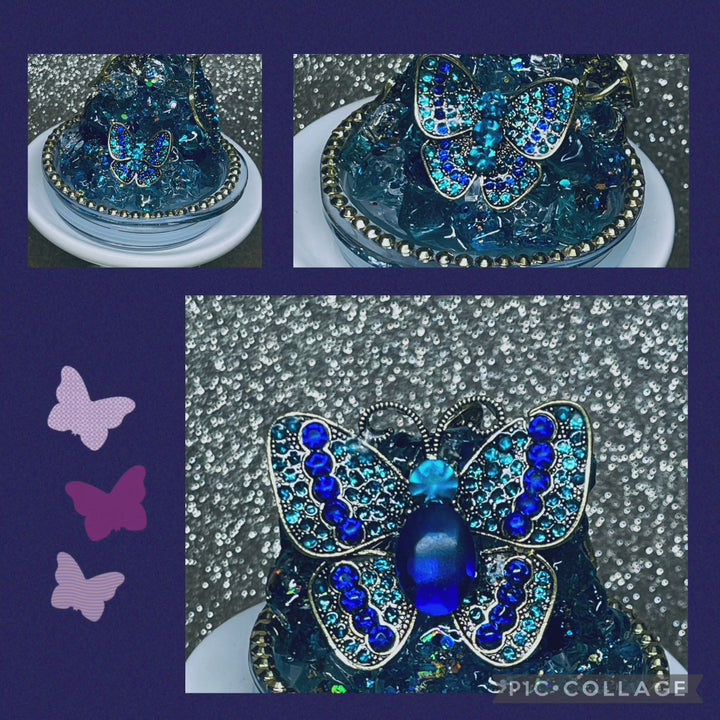 Blue Butterfly Rhinestone Tumbler Topper, Rhinestone Butterfly Lid