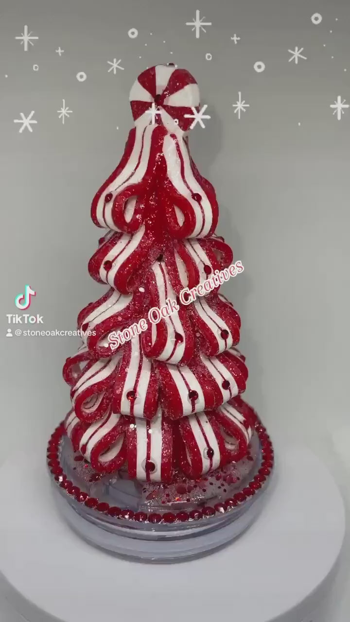 Ribbon Candy Tree tumbler topper lid with rhinestones, Christmas candy topper, Christmas Tumbler Topper 3D Decorative Lid,, unique gift