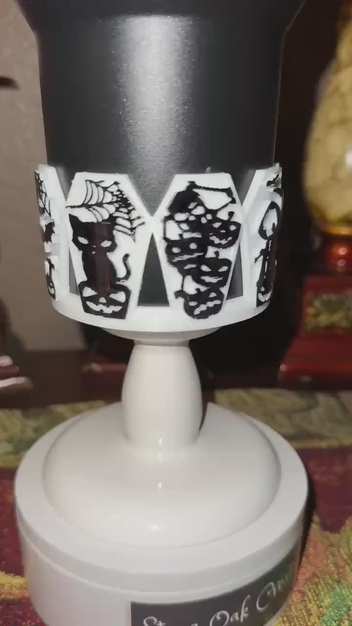 Halloween Coffin Tumbler Boot, multiple detailed designs on each panel, trendy accessories for Stanley tumblers, unique gift hand painted