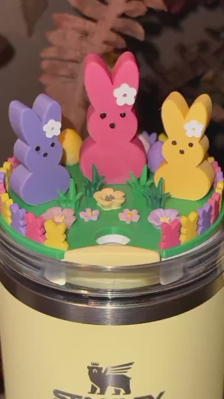 Easter Bunny, Eggs, Flowers Tumbler Topper, Spring colors, straw cap, Stanley Accessories, 3D Decorative Lid Attachment, unique gift