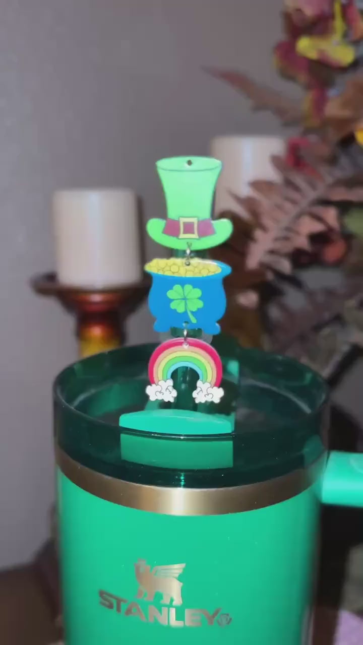 St. Patricks Day Hat Straw Cap Topper, Green Shamrock, for Stanley Tumblers with 10 mm straw, unique minimalist gift accessories