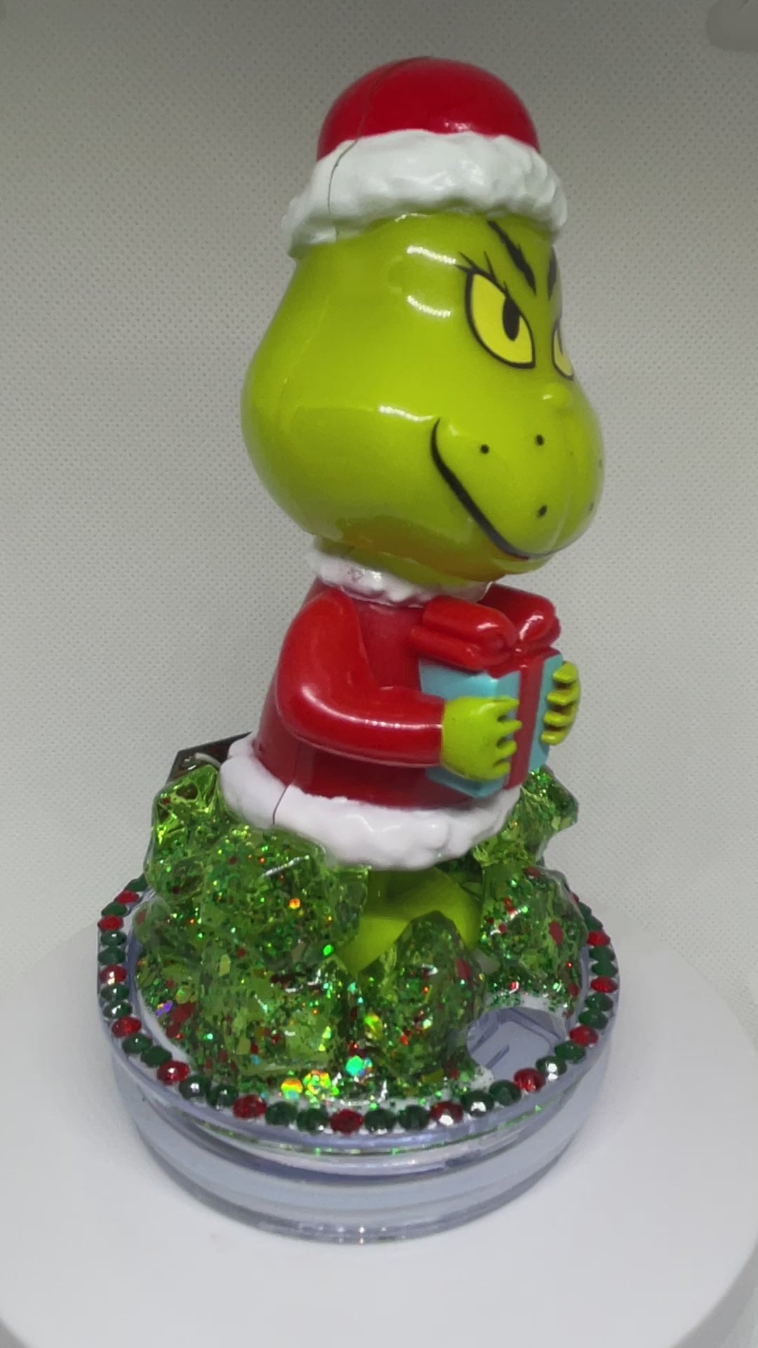 Whimsicle bobble head Grinchy Christmas themed tumbler topper lid, bobble head topper, 3D Decorative Lid