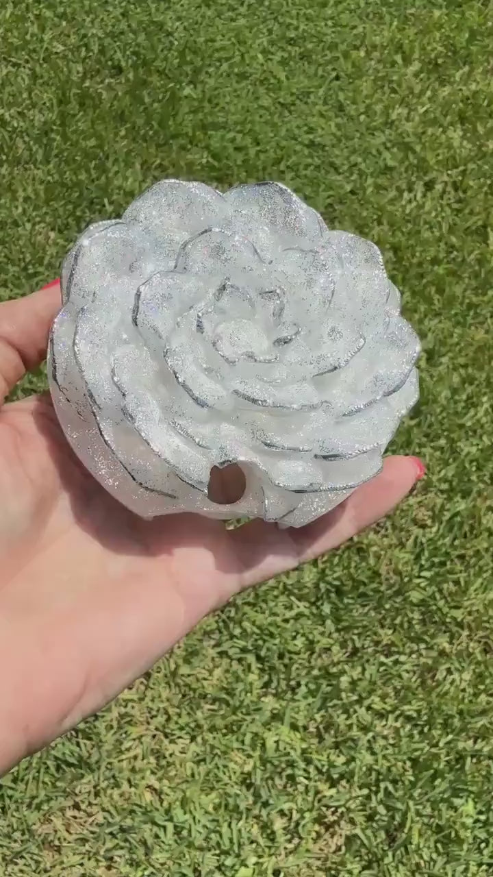 Stunning Translucent Peony with Holograohic Glitter and Silver Tips Tumbler Topper, fits Stanley quencher lids