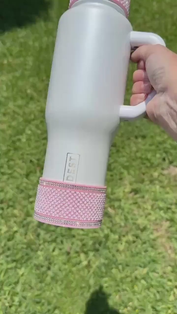 Pink and Silver Quilt Flat Fancy Rhinestone Tumbler collar halo boot, fits Stanley and Coldest, tumbler accessories