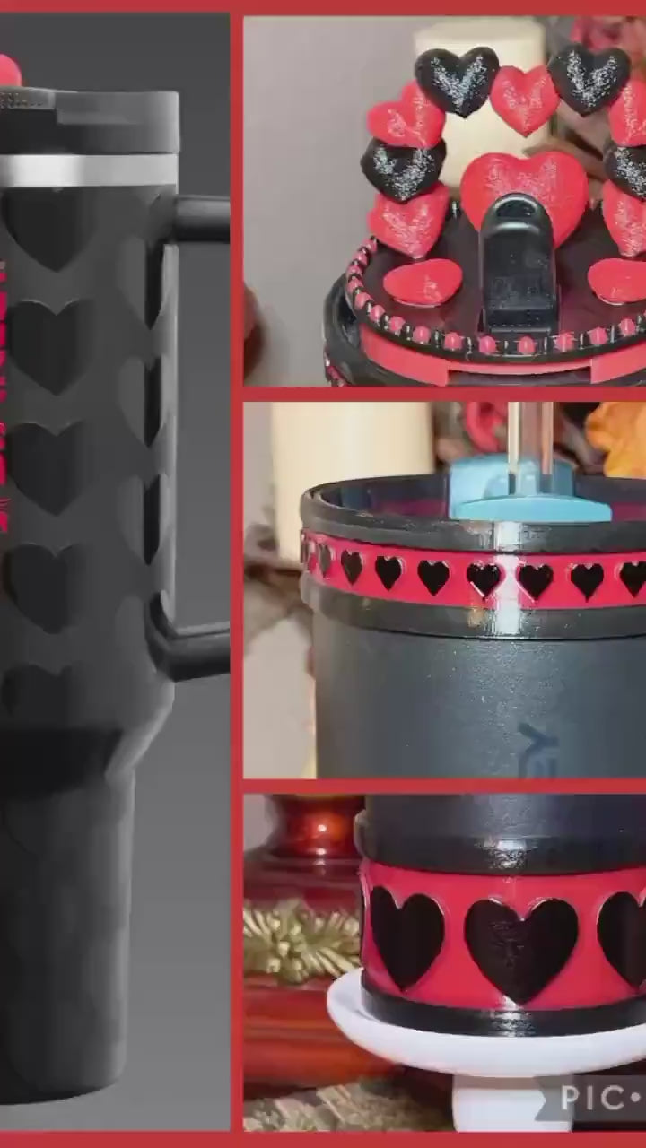Black and Red Valentine Heart Tumbler Boot and Topper, Fit’s 20 30 and 40 oz Stanley Tumblers and others, Quencher and Pro Tour, HOT SELLER
