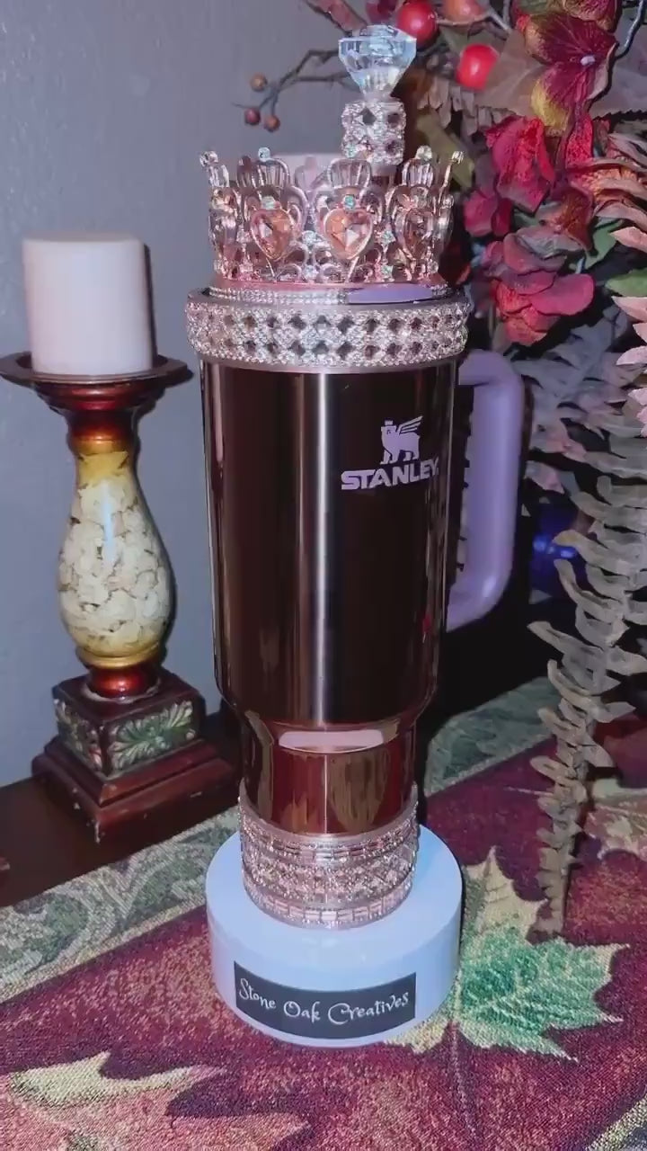 Polished Rose Gold Flat Fancy Rhinestone Tumbler Princess Collection, Stanley tumbler accessories, Crown Halo Boot Straw Topper Bow