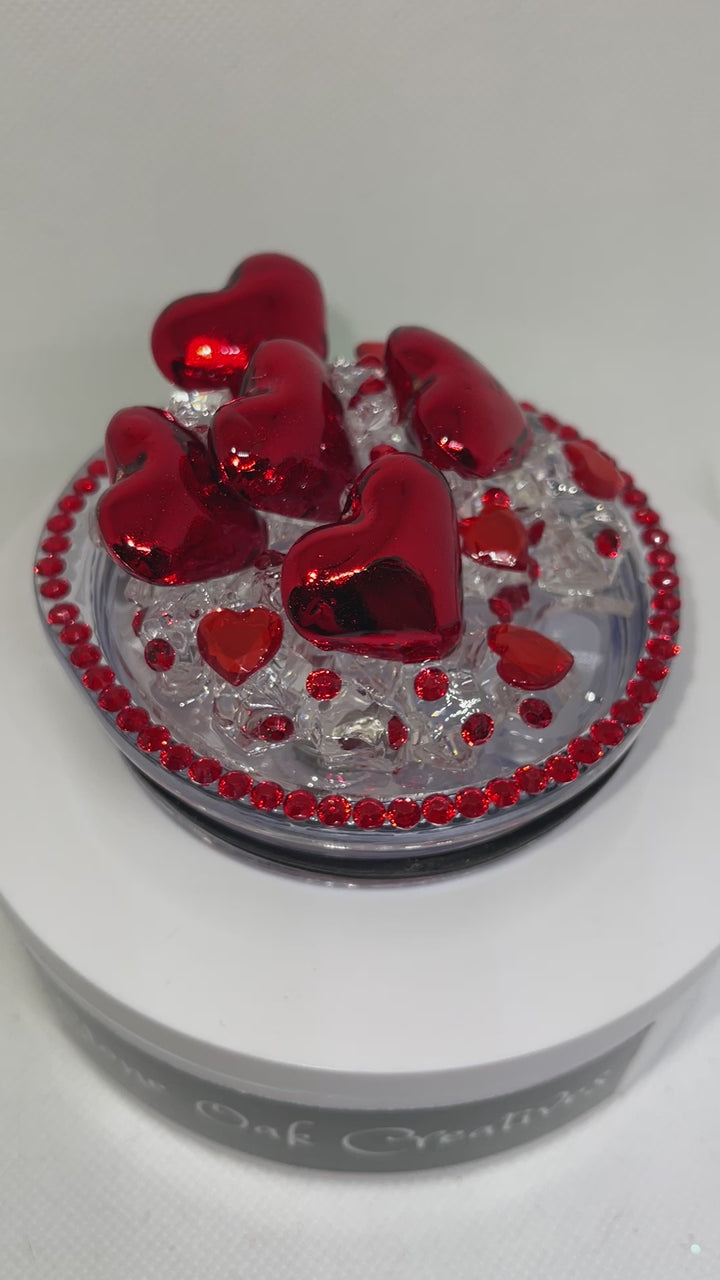 Valentine's Hearts Tumbler Topper, Rhinestone and Heart Tumbler Topper, Glitter Hearts, 3D Decorative Lid