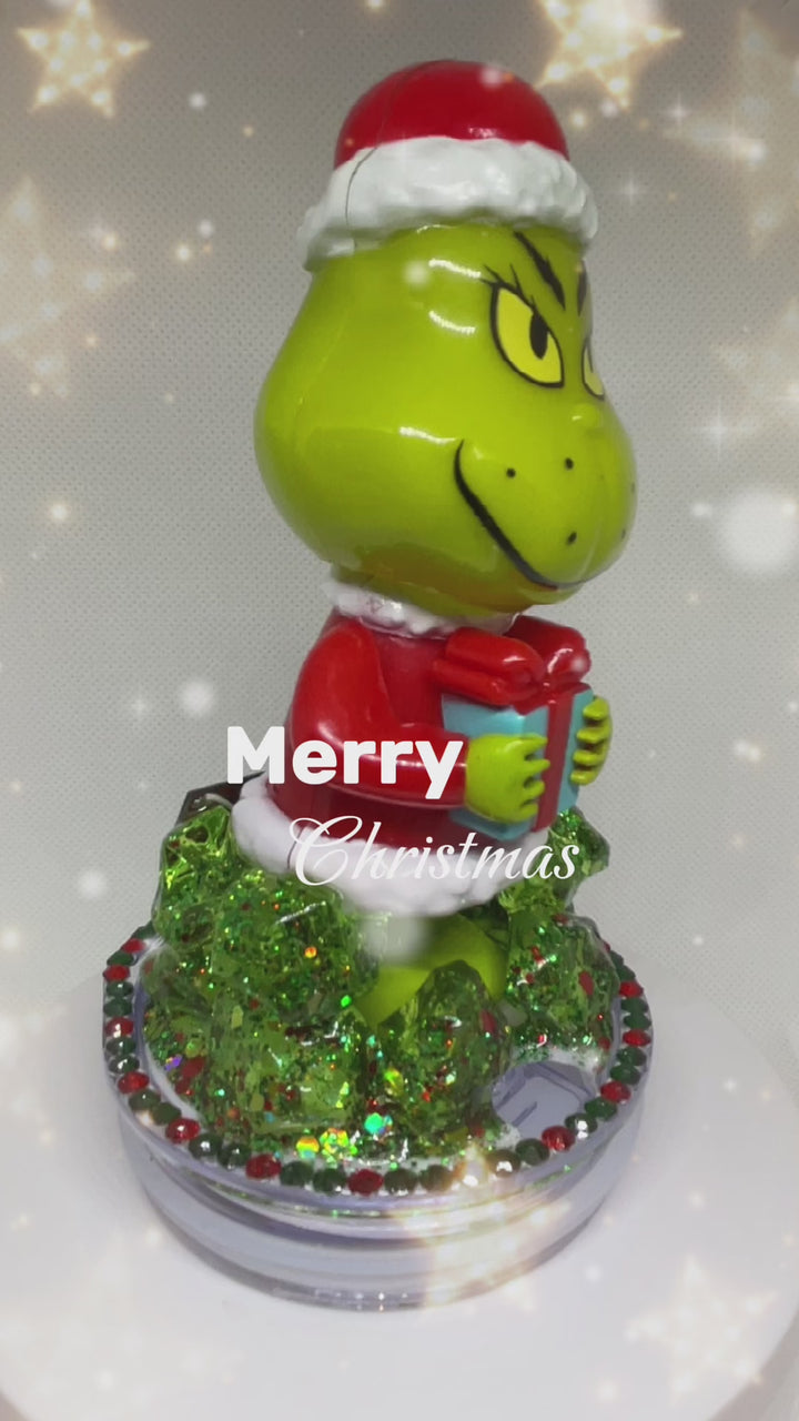 Whimsicle bobble head Grinchy Christmas themed tumbler topper lid, bobble head topper, 3D Decorative Lid