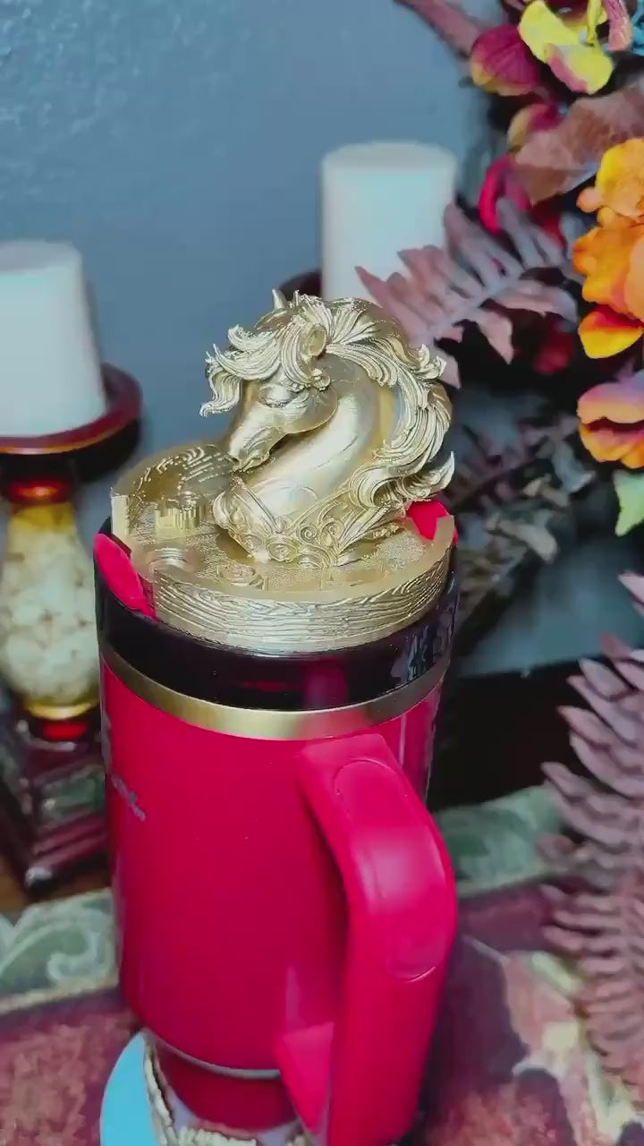 Red Stallion Horse Tumbler Boot, lid topper or straw topper, Red Gold Lunar New Year Cup Sleeve, fits your Stanley, Unique Gift