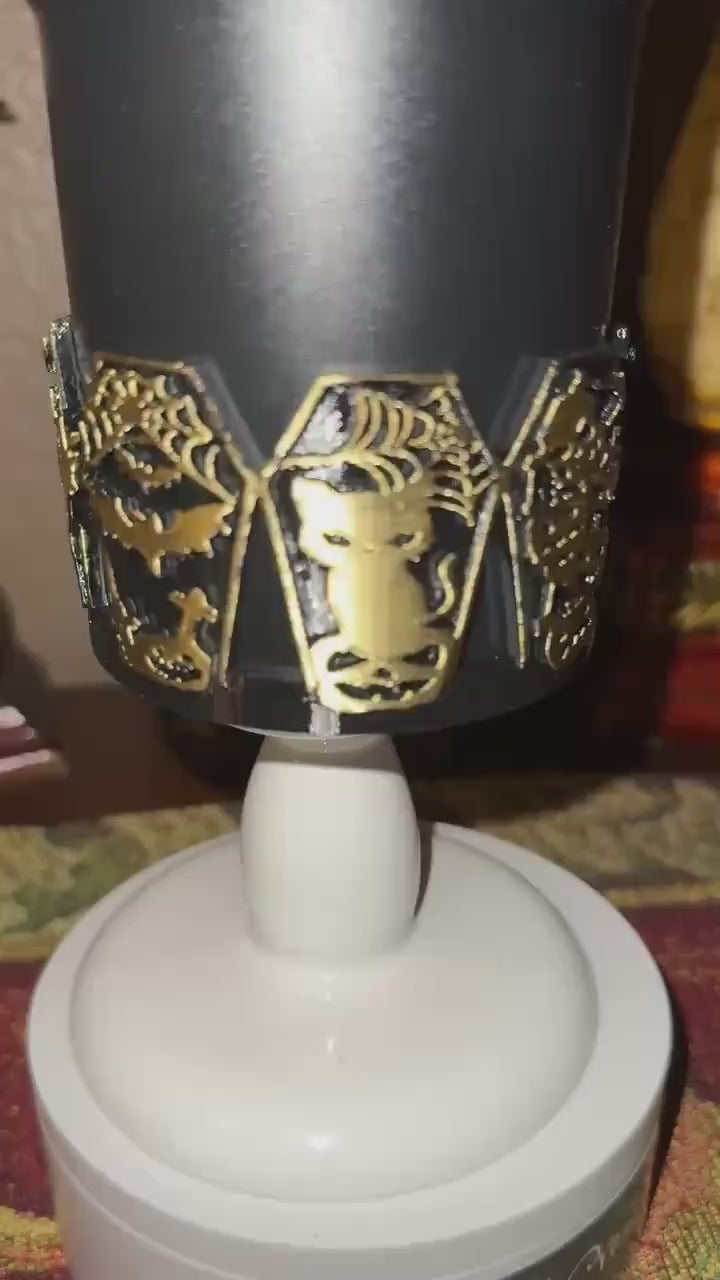 Halloween Coffin Tumbler Boot, multiple detailed designs on each panel, trendy accessories for Stanley tumblers, unique gift hand painted