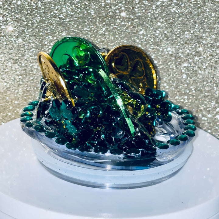 St. Patrick's Day Tumbler Topper, Glitter Bling Coins Clover, 3D Decorative Lid