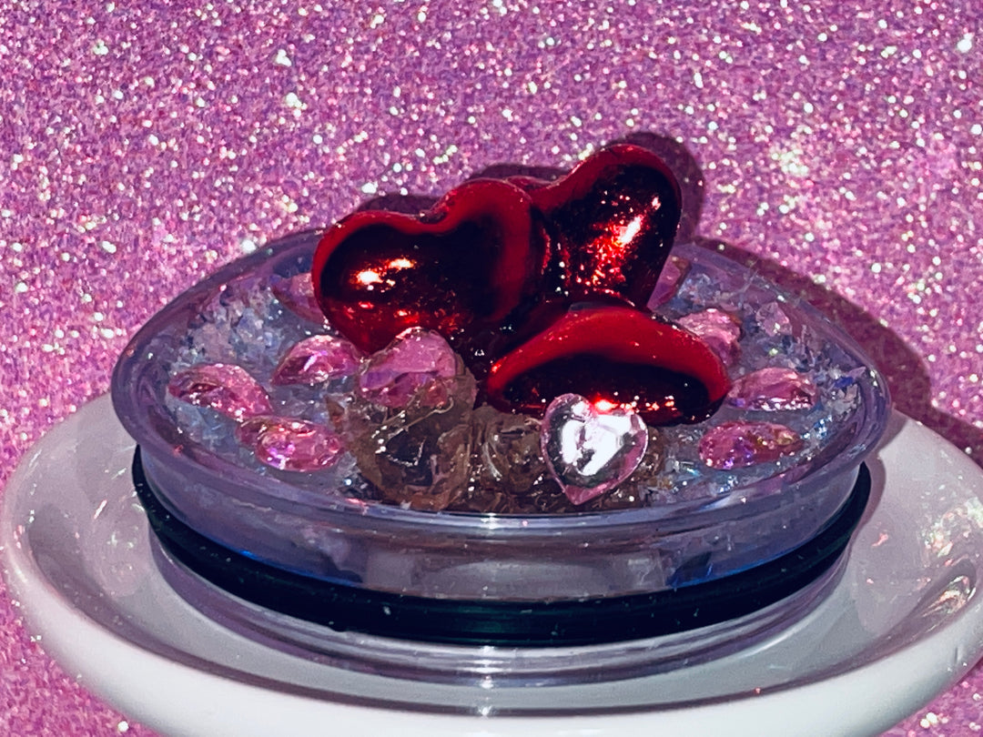 Valentine's Hearts Tumbler Topper, Heart Tumbler Topper, Glitter Hearts, 3D Decorative Lid