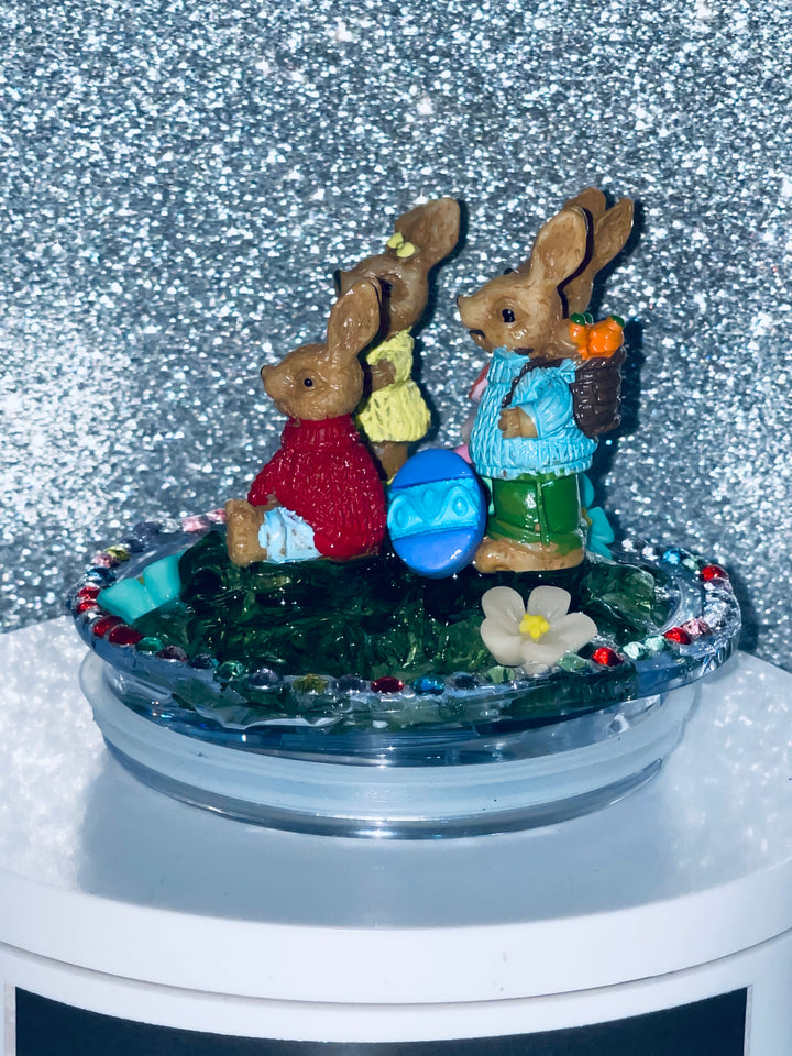 Rabbit Family Easter Tumbler Topper, Easter Egg, Easter Bunny, Glitter Eggs, 3D Decorative Lid