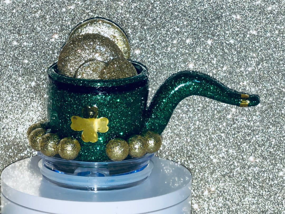 St. Patrick's Day Tumbler Topper, Glitter Bling Coins Clover, 3D Decorative Lid