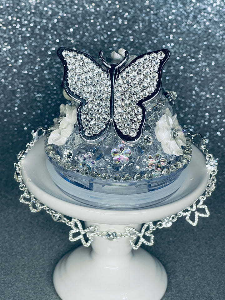 Butterfly Rhinestone Tumbler and Topper with Rhinestone Butterfly Chain Embelishment, Rhinestone Butterflies