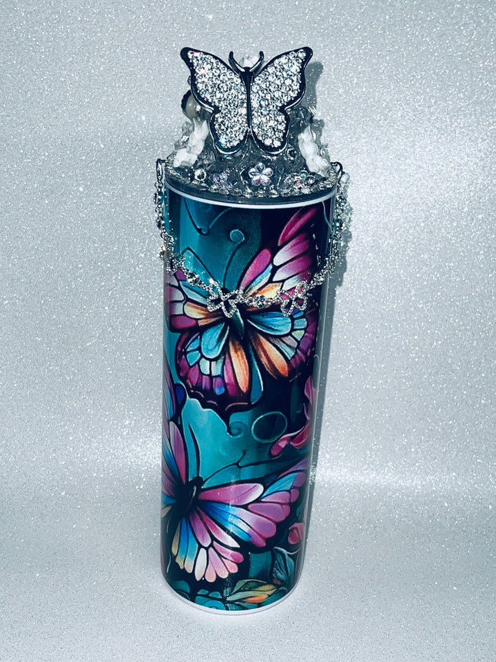 Butterfly Rhinestone Tumbler Topper with Rhinestone Butterfly Chain Embelishment, Rhinestone Butterflies