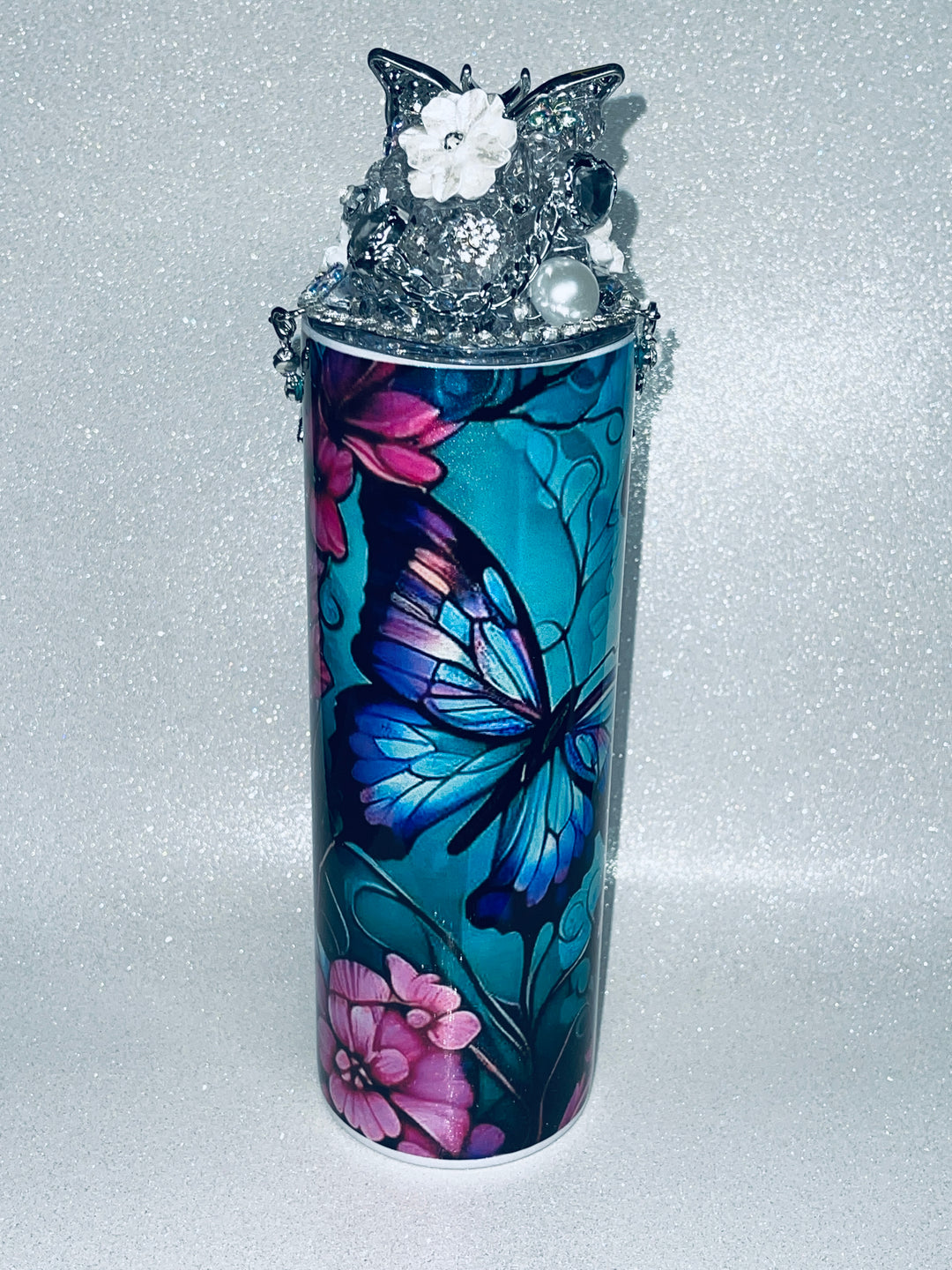 Butterfly Rhinestone Tumbler and Topper with Rhinestone Butterfly Chain Embelishment, Rhinestone Butterflies