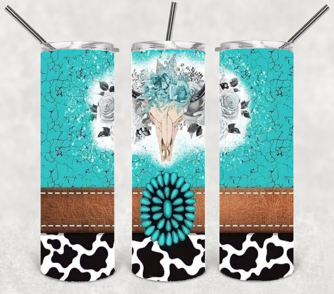 20 oz Skinny Tumbler - Turquoise and Cow Print with Horns