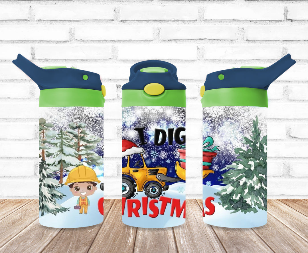 Christmas Tractor Tumbler, Kids Construction Tumbler, Kids Water Bottle, Kids Water Tumbler, Kids FlipTop Cup, Kids Sippy Cup, Back To School Cup