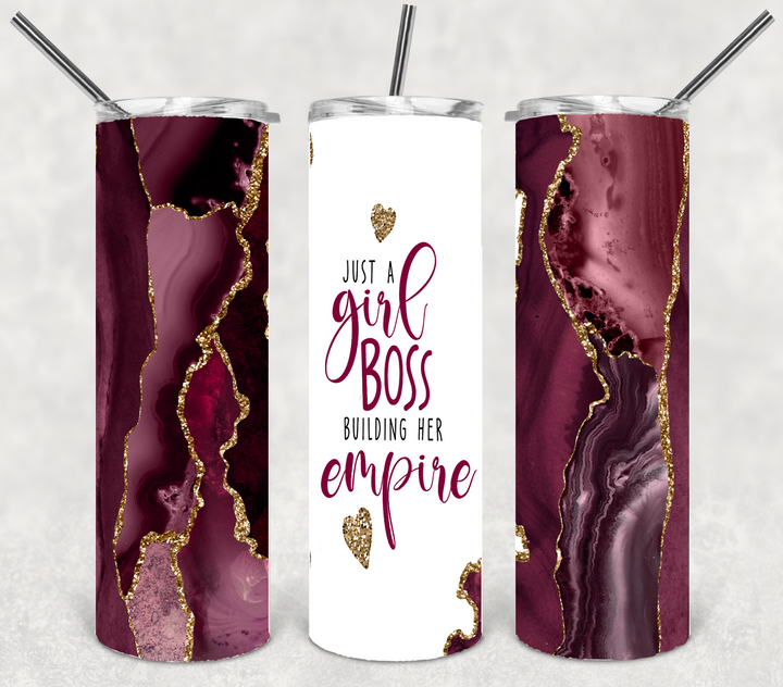 20 oz Skinny Tumbler - Just a Girl Boss Building My Empire - Maroon Agate - Small Business