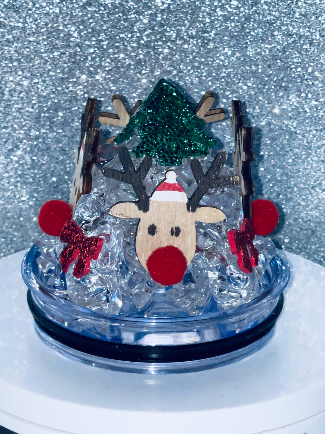 Christmas Reindeer themed tumbler topper lid, christmas lights, christmas candy,  3D Decorative Lid