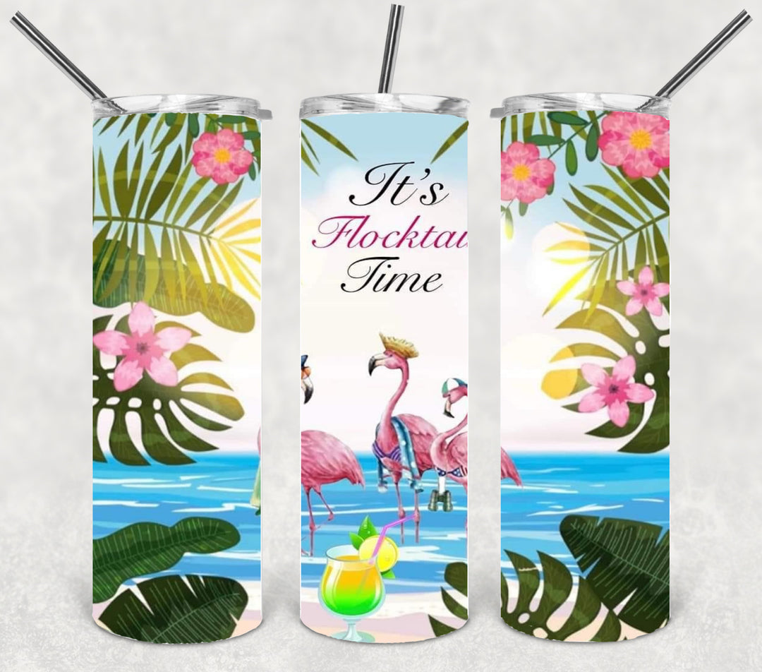 20 oz Skinny Tumbler - Beach Summer Theme - Tropical - Flamingos
